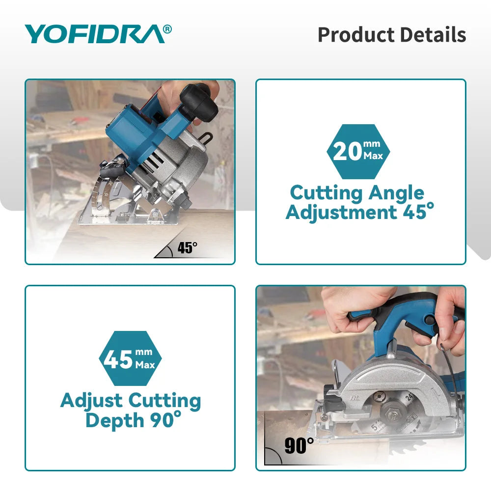 YOFIDRA 5Inch 10800RPM Brushless Electric Circular Saw Cordless 45° Adjustable Cutting Saw Power Tool For Makita 18V Battery Pin