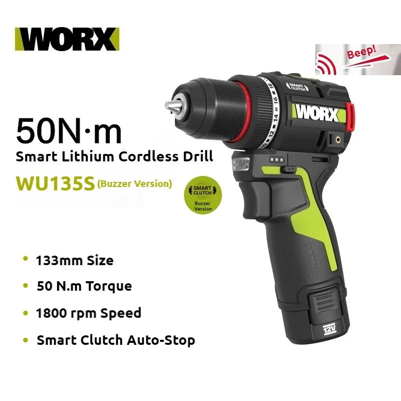 WORX WU135S Buzzer Version Cordless Electric Drill 12V 50Nm 1800rpm Smart Clucth Auto Stop 2Speed Adjust Home Power Tools