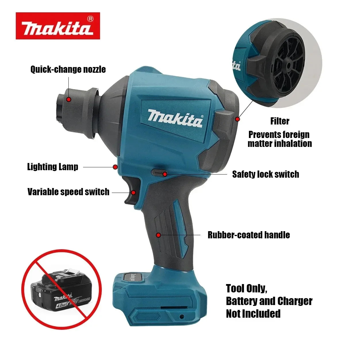 Makita DAS180 18V Brushless Cordless Air Blower Dust Removal Tool with Nozzle for Machinery and Workbench Cleaning
