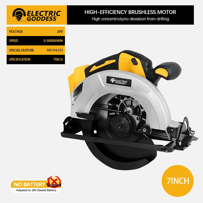 5000rpm 7inch Cordless Yellow Circular Saw Brushless Motor Multi-angle Cutting Woodworking Power Tool for Dewalt 20v Battery Pin
