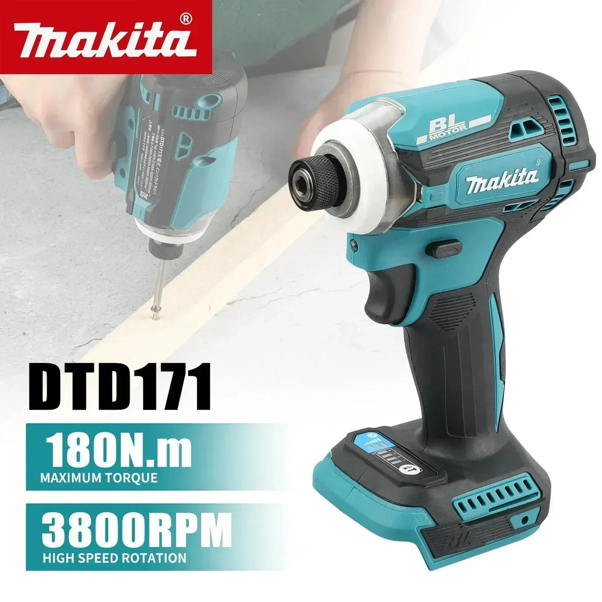Makita DTD171 18V Brushless Cordless Impact Driver 180Nm For Woodworking Construction Daily Bolting Repair Work