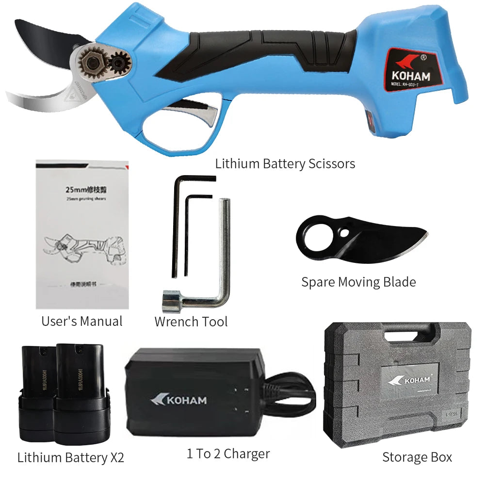 KOHAM Cordless Electric Pruning Shears 1 IN Tree Branch Cutter Garden Pruner Orchard Electric Scissor Kit or Blade Battery Parts