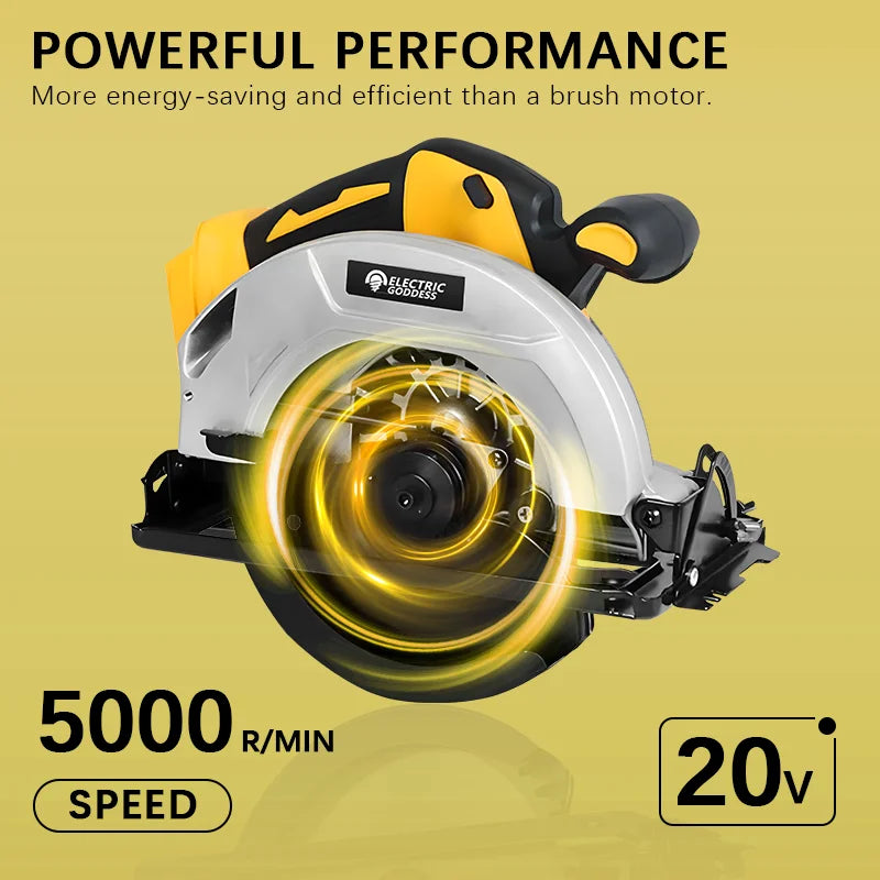 5000rpm 7inch Cordless Yellow Circular Saw Brushless Motor Multi-angle Cutting Woodworking Power Tool for Dewalt 20v Battery Pin