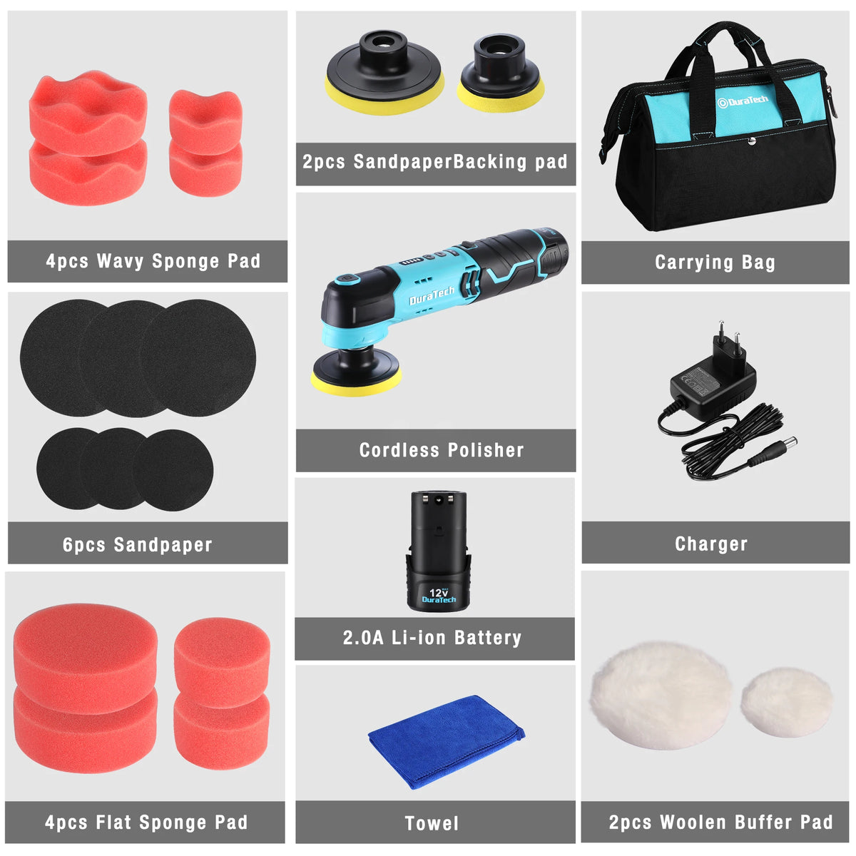 Duratech 12V Cordless Car Polisher Compact & Powerful 6-Speed Buffer with 2.0Ah Battery Full Detailing Kit for Car Care