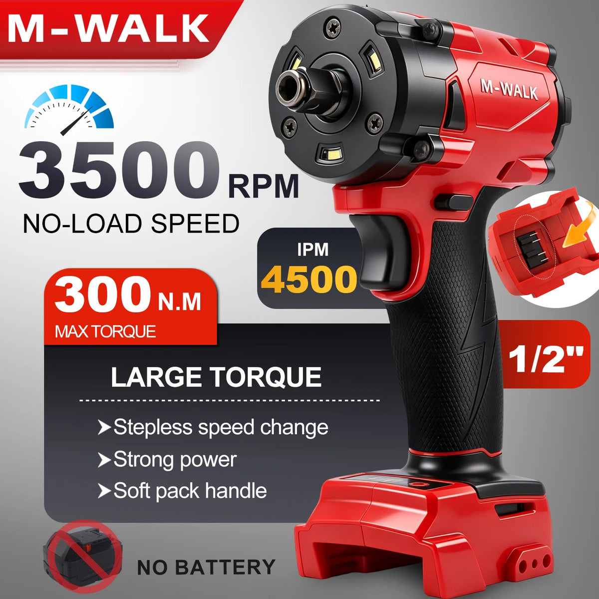 M-WALK 1/2" Brushless Electric Impact Wrench 300N.M Torque Removal Screw Nut Screwdriver Power Tools For Milwaukee 18V Battery