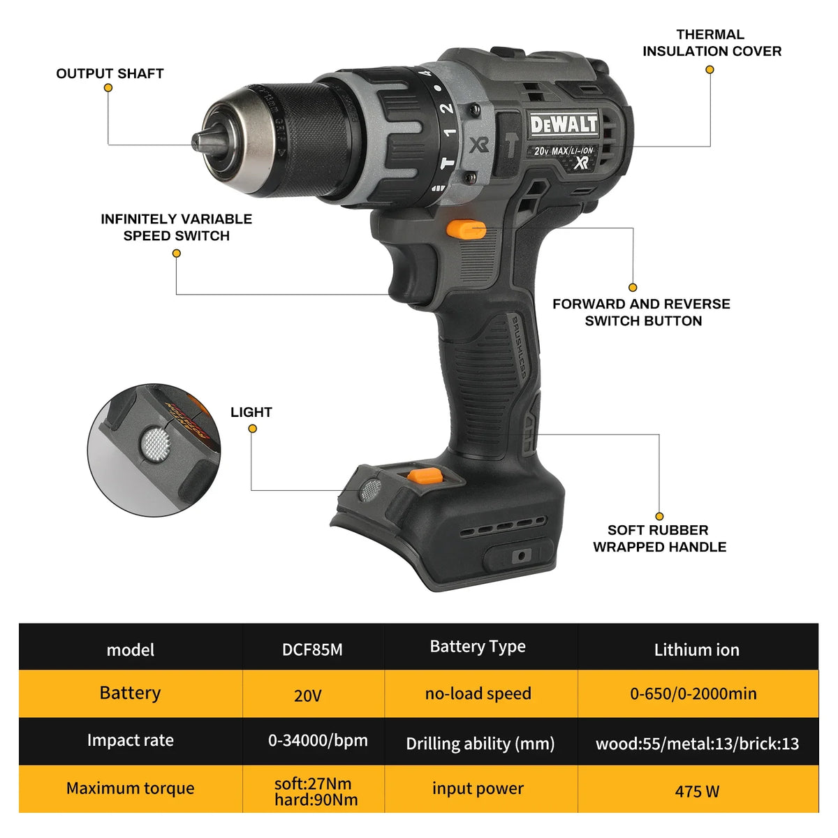 DeWALT DCD85M 20V Max Brushless Hammer Drill,90Nm Torque,0~2000RPM No-load Speed,0-34000BPM,Portable Drilling Tool