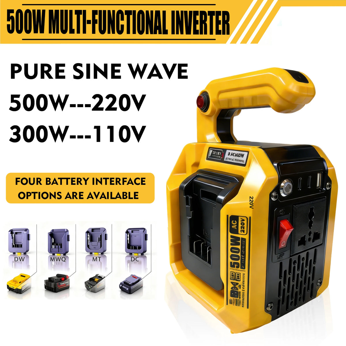 500W Power Inverter for Makita Milwaukee 18V Battery 18V to 120V/220V Pure Sine Wave Inverter with LED Light for Outdoor Camping