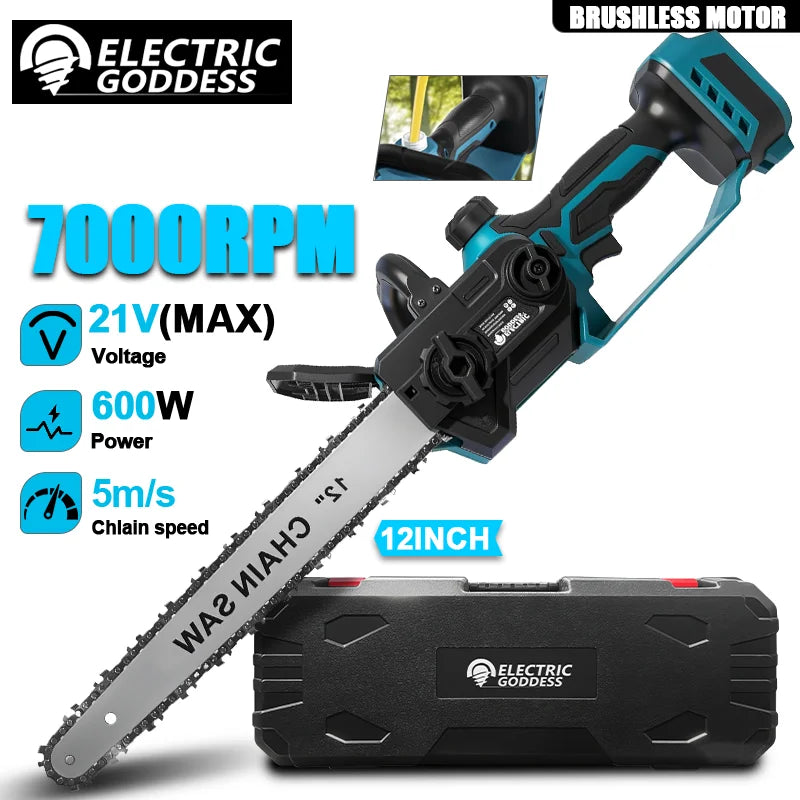 12-inch Cordless Blue Electric Chainsaw 600W Handheld Brushless Woodworking Chainsaw Power Tool For Makita 18V Battery