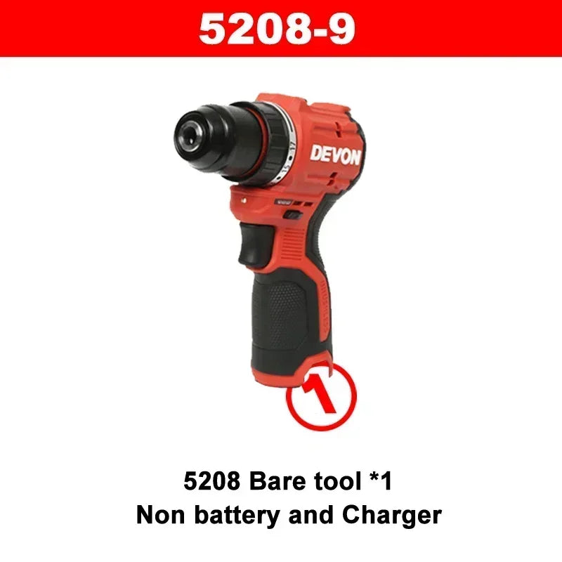Devon 5208 5209 12V Cordless Electric Drill Brushless Motor 50Nm 1700rpm Dual Speed Torque Adjustable