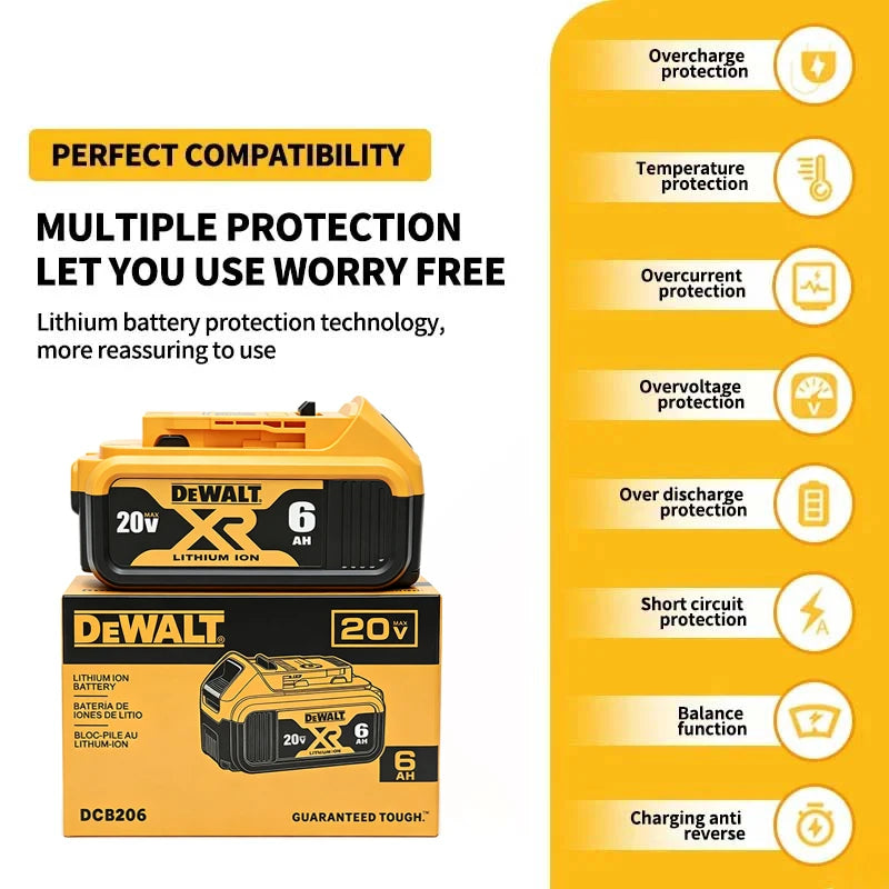 100% Genuine Dewalt XR Battery 20V 6.0AH 6000mAh DCB206 Rechargeable Power Tool Battery DCB1104 Charger Battery Combo Available