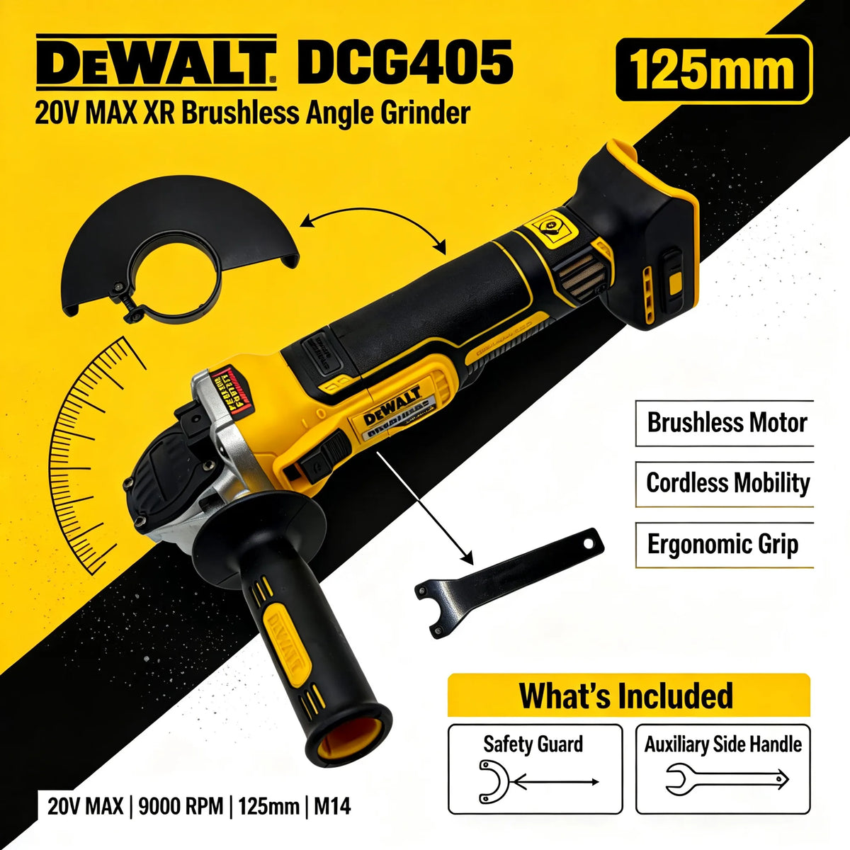 DEWALT DCG405N 20V Brushless Cordless Angle Grinder, Rechargeable Portable Cutting Machine & Polisher Power Tool