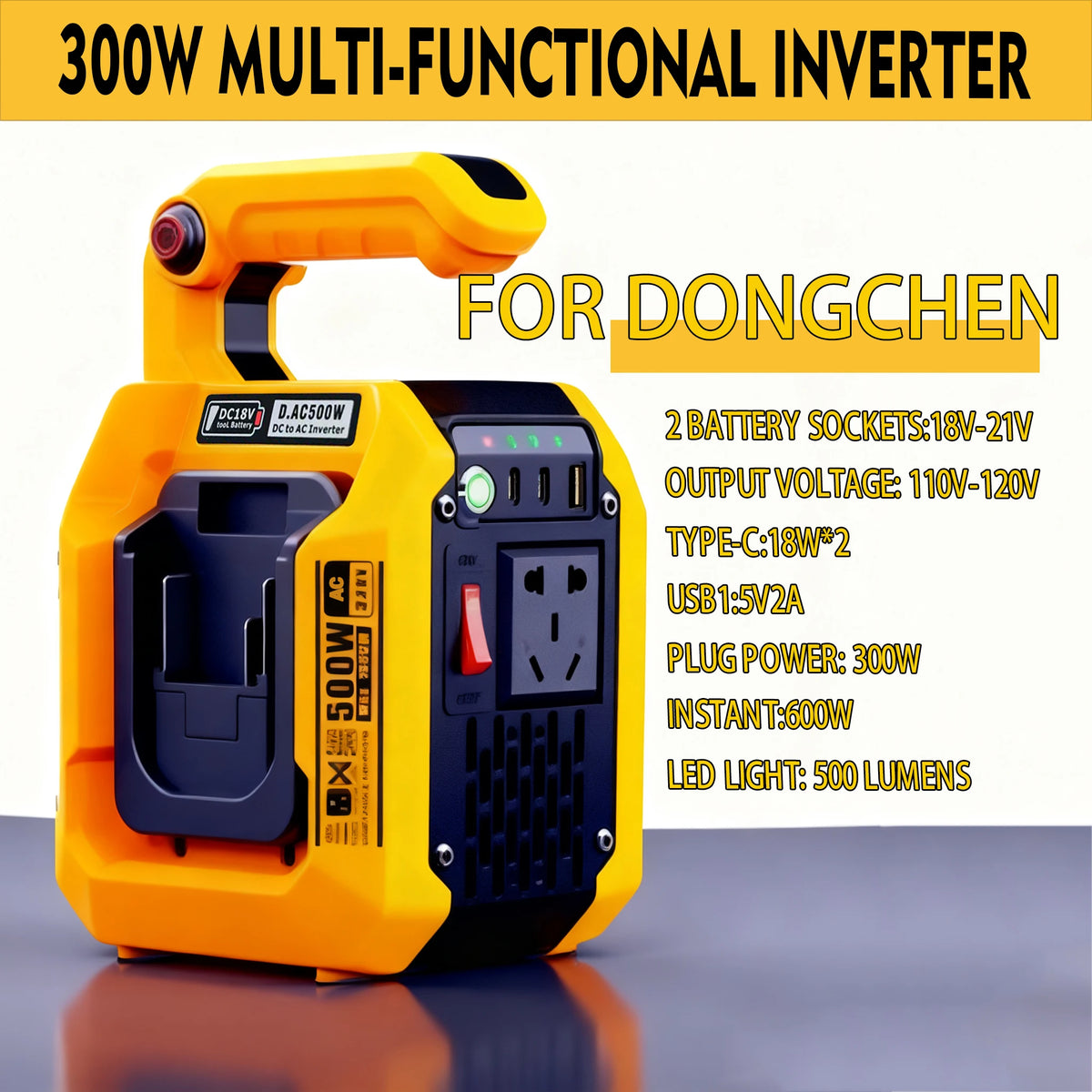 500W Power Inverter for Makita Milwaukee 18V Battery 18V to 120V/220V Pure Sine Wave Inverter with LED Light for Outdoor Camping