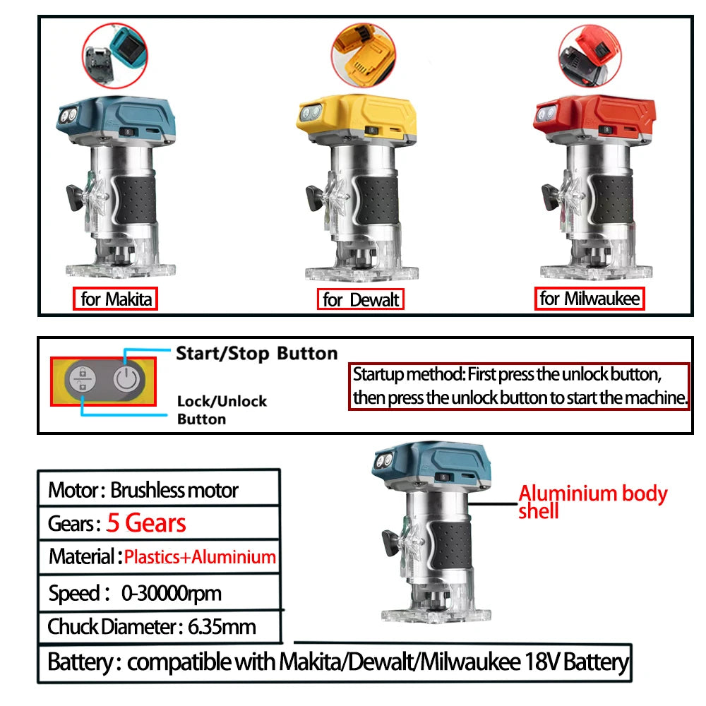 Brushless Electric Trimmer Woodworking Trimming Wood Router Milling Engraving Slotting Machine For Makita/Dewalt/Milwaukee 18V