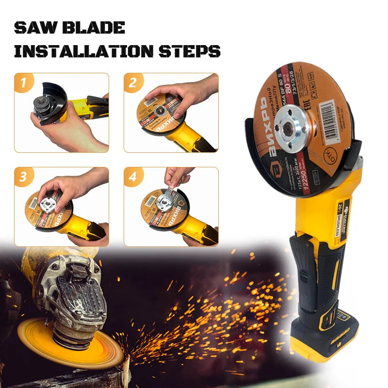 Brushless 100/125mm Cordless Angle Grinder 4 Gear Grinding Machine Polishing Cutting Woodworking Tool for Dewalt 20v Battery Pin