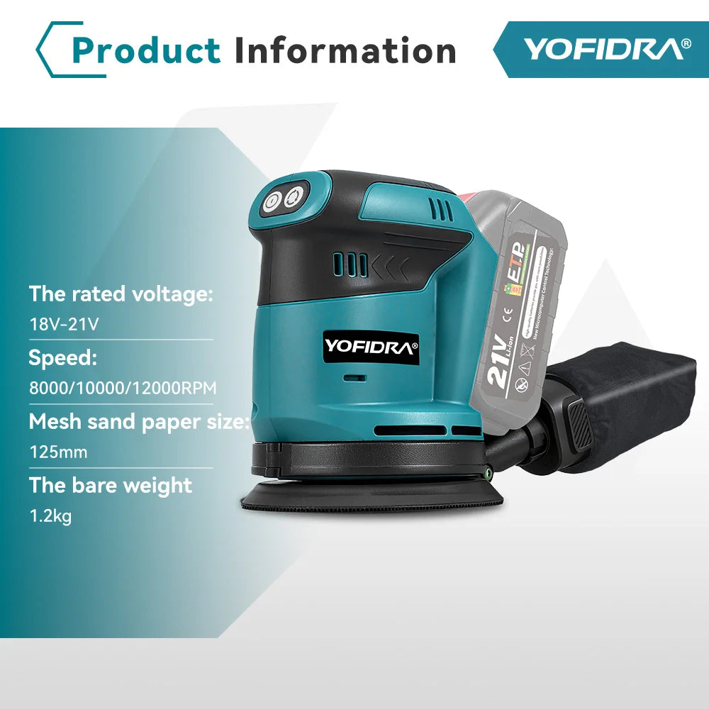 YOFIDRA 125MM Electric Orbital Sander Cordless Grinding Sanding Polishing Machine Woodworking Power Tool For 21V 18V Battery