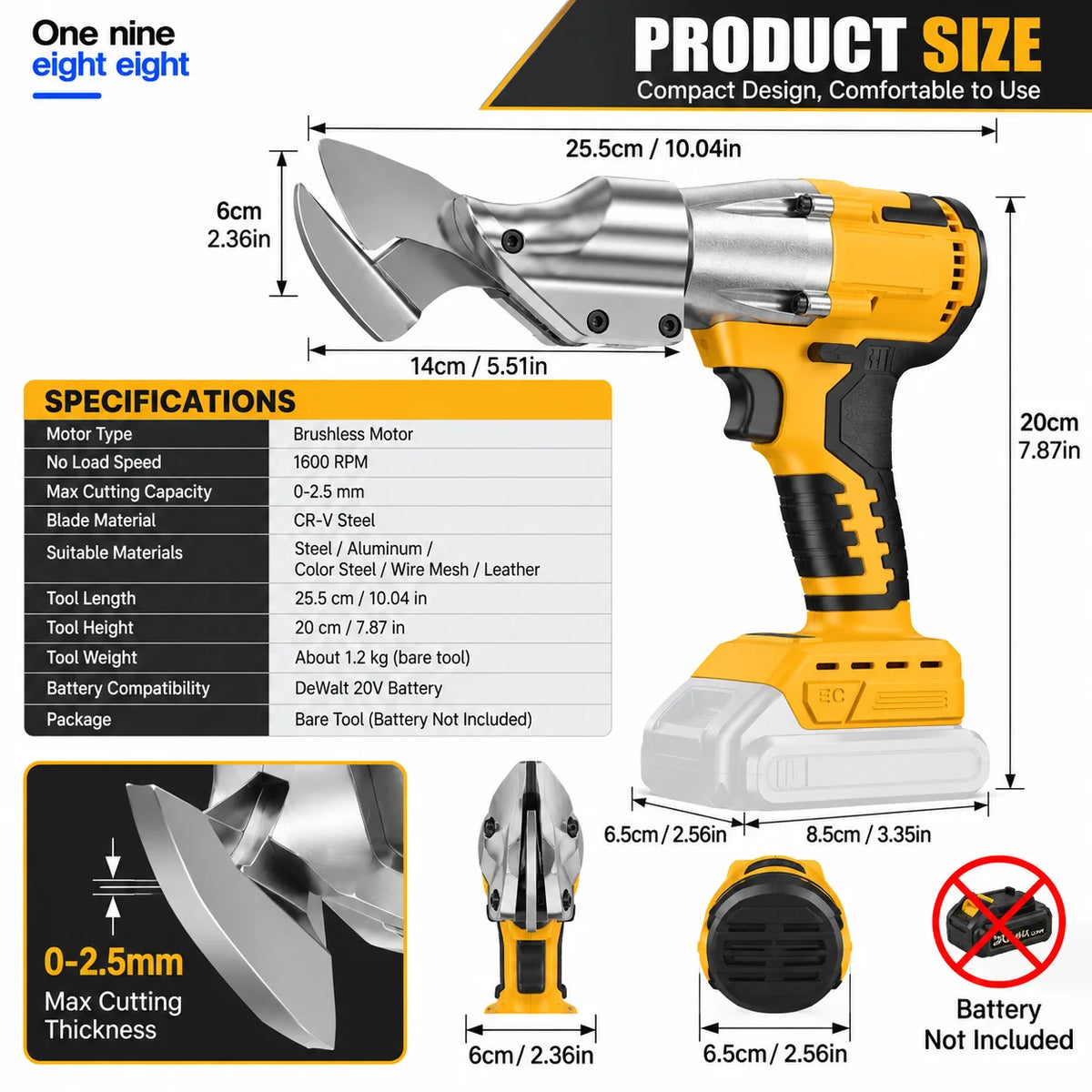 Cordless Brushless Metal Shears 1600RPM 2.5mm Cutting Thickness for Steel Aluminum Roofing Compatible with