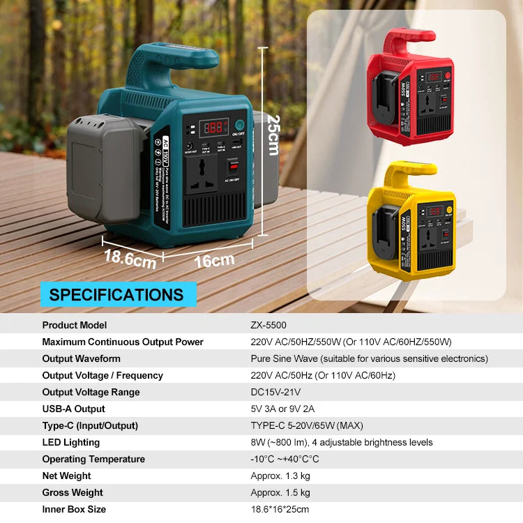 550W Portable Power Supply Inverter Compatible with Makita 18V Battery DC 18V to AC 110V/220V Converter with Type-C for Camping