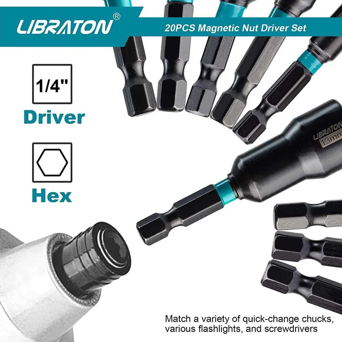 LIBRATON 20PCS Magnetic Nut Driver Set, Impact Drill Driver Bit Set 1/4" Metric and SAE Nut Driver with Storage Bag Nut Drivers