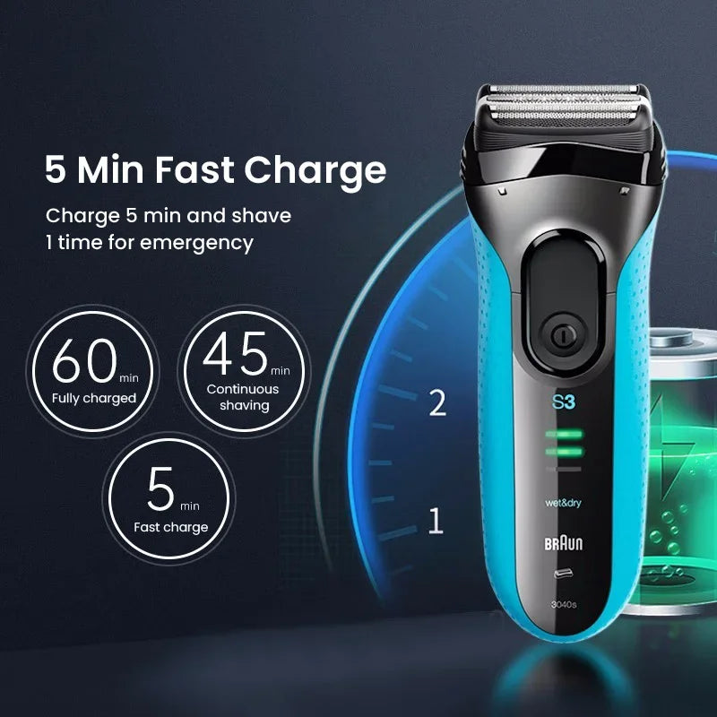Braun Electric Shaver 3040s S3 Series Reciprocating Shaving Machine with Sideburn Trimmer Rechargeable Dry Wet Use Men's Razor