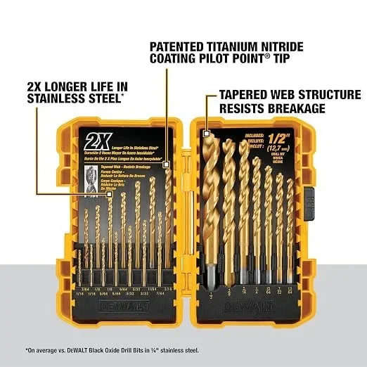 Original DEWALT DW1361 Titanium Twist Drill Bit Set Woodworking Metal HSS High Speed Steel Drill Bits 21Pcs Tool Attachments