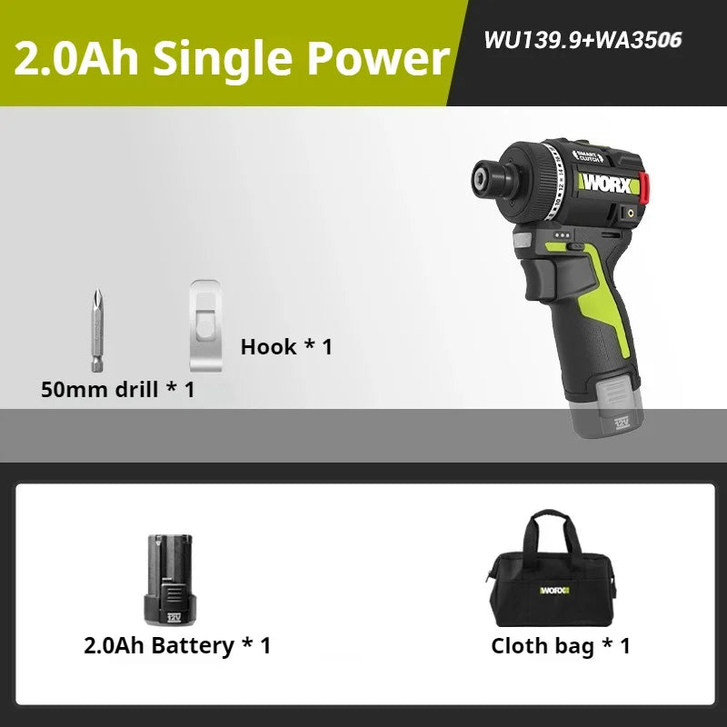 WORX WU139 Brushless Screwdriver Lightweight Cordless Drill 50N.m 1/4inch Electric Drill 12V Battery Mini Drill for Tight Spaces