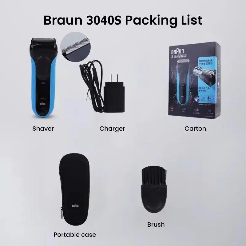 Braun Electric Shaver 3040s S3 Series Reciprocating Shaving Machine with Sideburn Trimmer Rechargeable Dry Wet Use Men's Razor