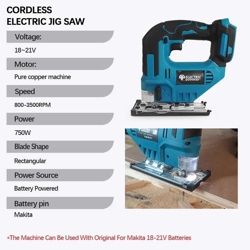 EG 3500RPM Cordless Electric Curved Saw 750W Rechargeable Electric Jig Saw Woodworking Cutting Power Tool for Makita 18V Battery