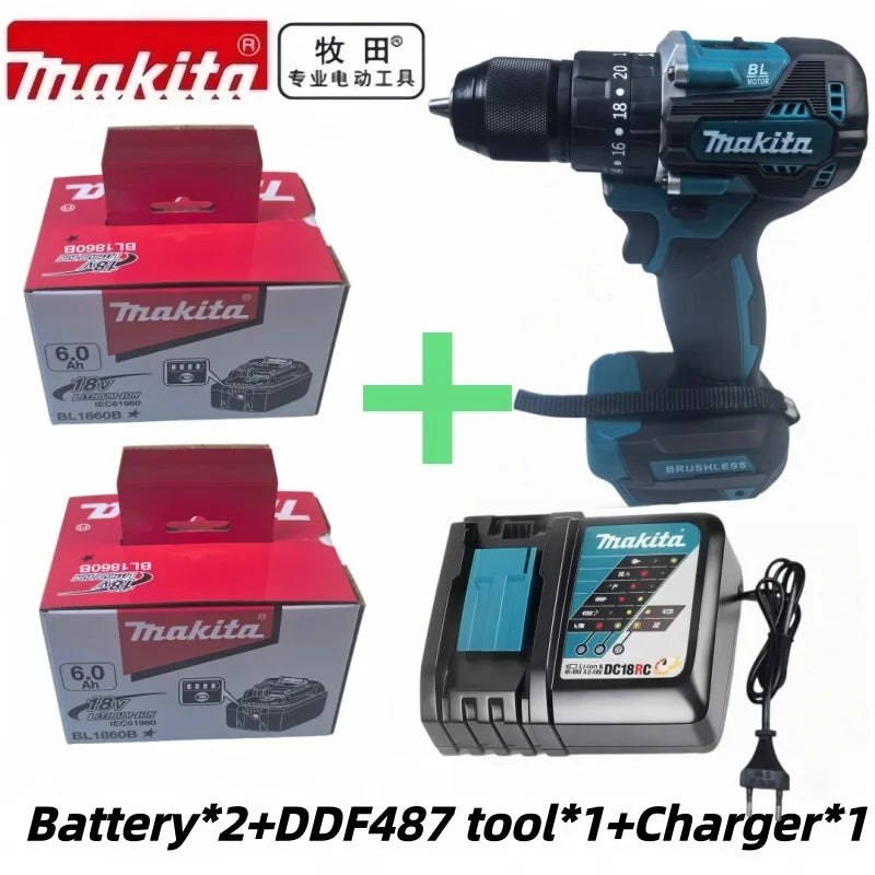 High Torque Original DDF487 Brushless Electric Screwdriver 18V, Makita Original 6.0Ah & Tool Package