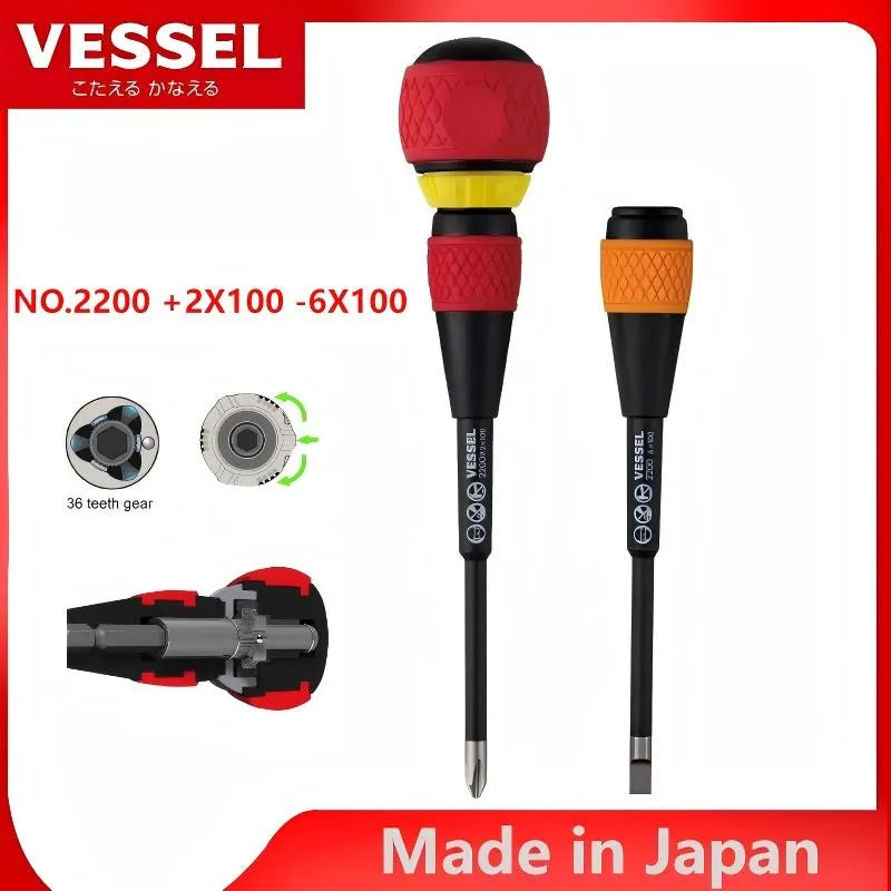 JIS VESSEL NO.2200 +2X100 -6X100 2-Piece Ratchet Screwdriver Set,36 Gear Phillips Screwdriver 2-in-1 Japan Tools