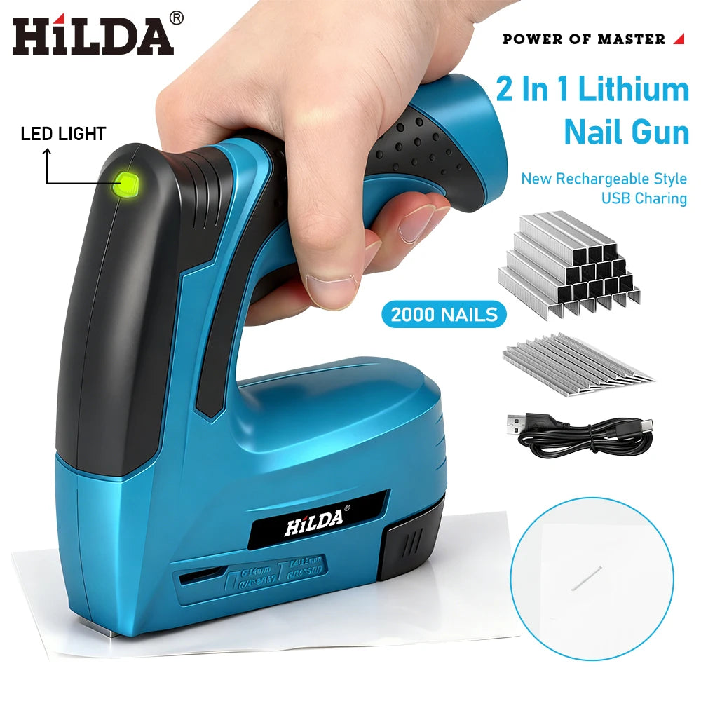 HILDA Electric Nail Gun Portable Furniture Pneumatic Gun Nail Gun DIY Tools 2 in1 Air Nail Gun with 2000pcs Staples LED Light