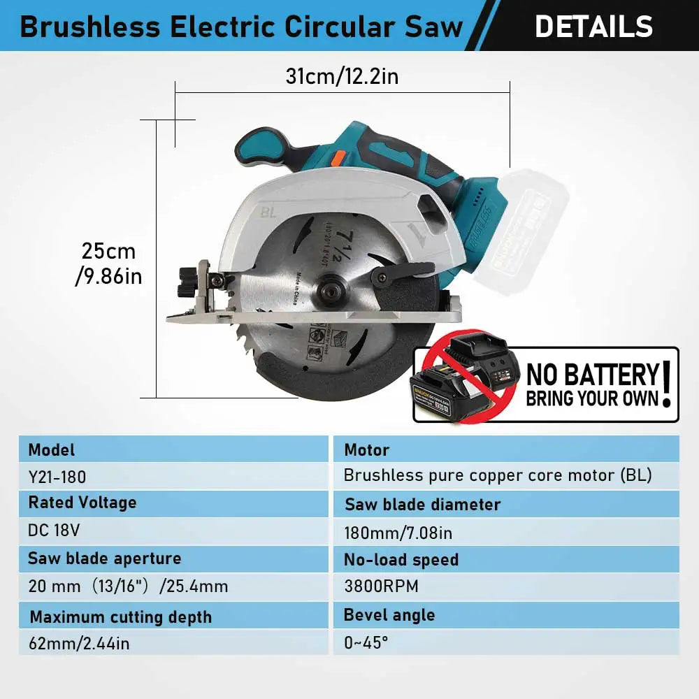 SNUOK 6in/7in/7.5in Brushless Electric Circular Saw No Battery Cordless Woodwork Electric Cutter Suitable for Makita 18V Battery