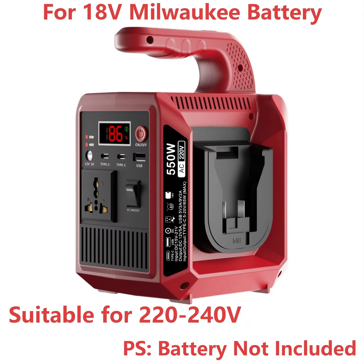 550W Portable Power Supply Inverter Compatible with Makita 18V Battery DC 18V to AC 110V/220V Converter with Type-C for Camping