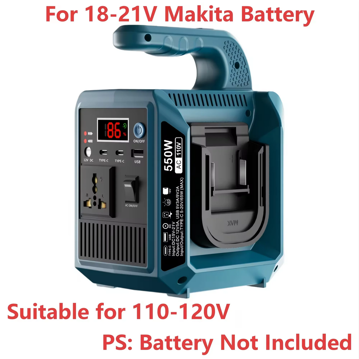 550W Portable Power Supply Inverter Compatible with Makita 18V Battery DC 18V to AC 110V/220V Converter with Type-C for Camping