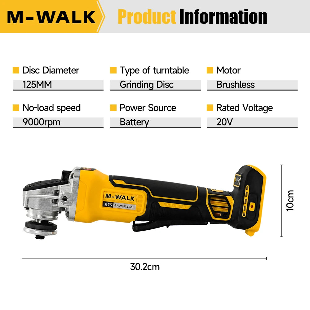 M-WALK 125mm Brushless Cordless Electric Angle Grinder 4 Gears 9000RPM Grinding Polisher Cutter Tool For Dewalt 18/20V Battery