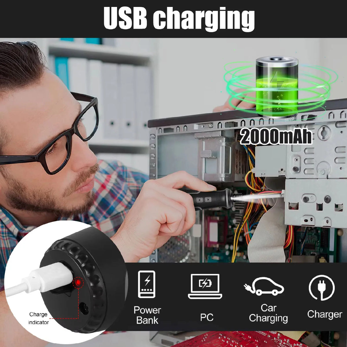 1pc Built-in 2000mAh Li-on Battery Screwdriver Set Electric Screwdriver Set LED Lights Two-layer Easy Install or Remove Screwdri