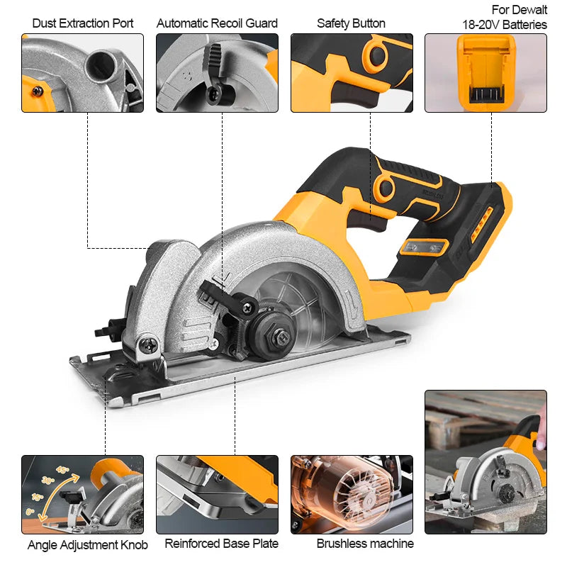 Electric Goddess 5in Brushless Electric Circular Saw ﻿1000W Handheld Woodwork Saw Power Tool ﻿﻿For Dewalt 20V Battery Pin