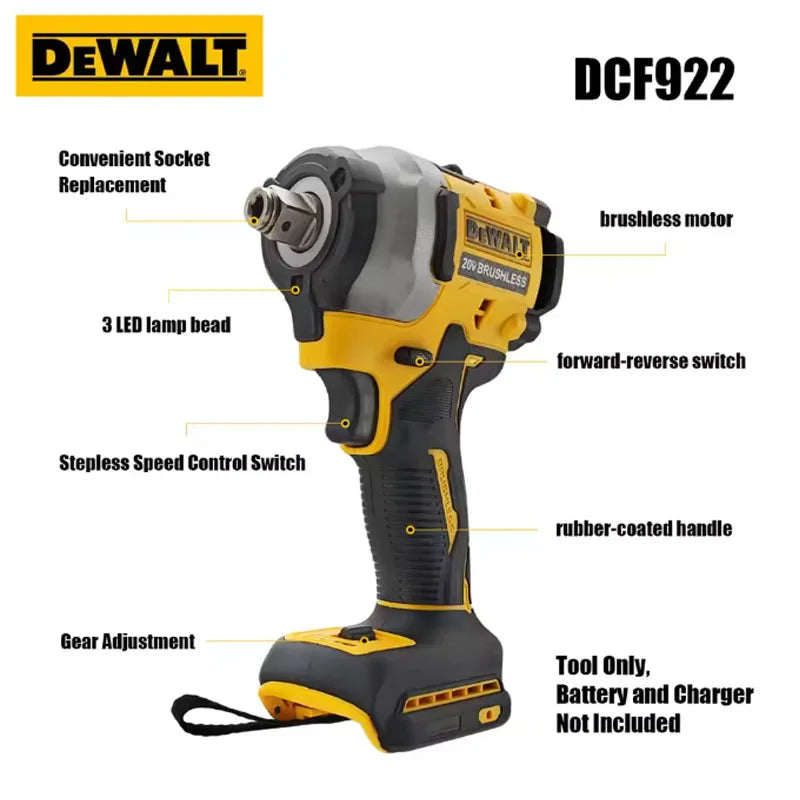 Dewalt DCF922 Cordless Electric Brushless Impact Wrench High Torque LED Light 406N.m Lightweight Professional Power Tool
