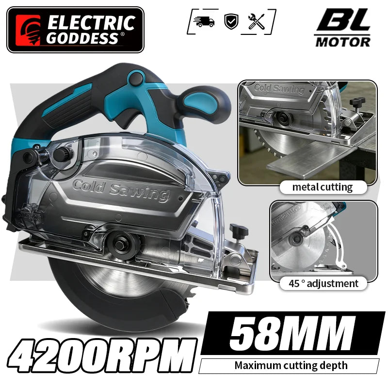 Electric Goddess 6in Brushless Cold Sawing Electric Circular Saw Cordless Metal Cutting Machine For Makita 18V Battery Pin