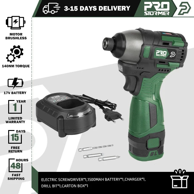 140NM Brushless Electric Screwdriver 17V Cordless Drill Screw 1500mAh Battery Rechargeable Hexagon Power Tools by PROSTORMER