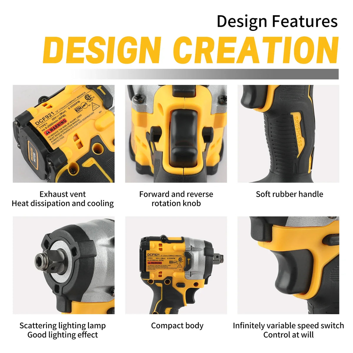 DeWALT DCF921 20V Cordless Brushless Impact Wrench, Compact Mini Body, 1/2 Inch Square Drive, Lightweight for Auto Tire Repair