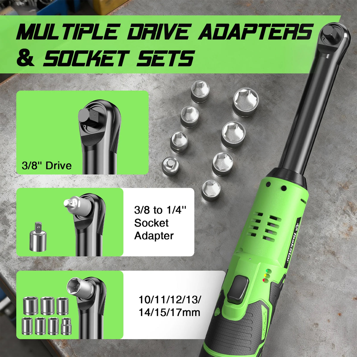 TaskStar 6 Inch Extended Cordless Ratchet Wrench 3/8" Portable Electric Wrench 36.88Ft-lbs for Car Repair 2*2.0Ah Battery Powered Handheld Angle Wrench with LED Work Light
