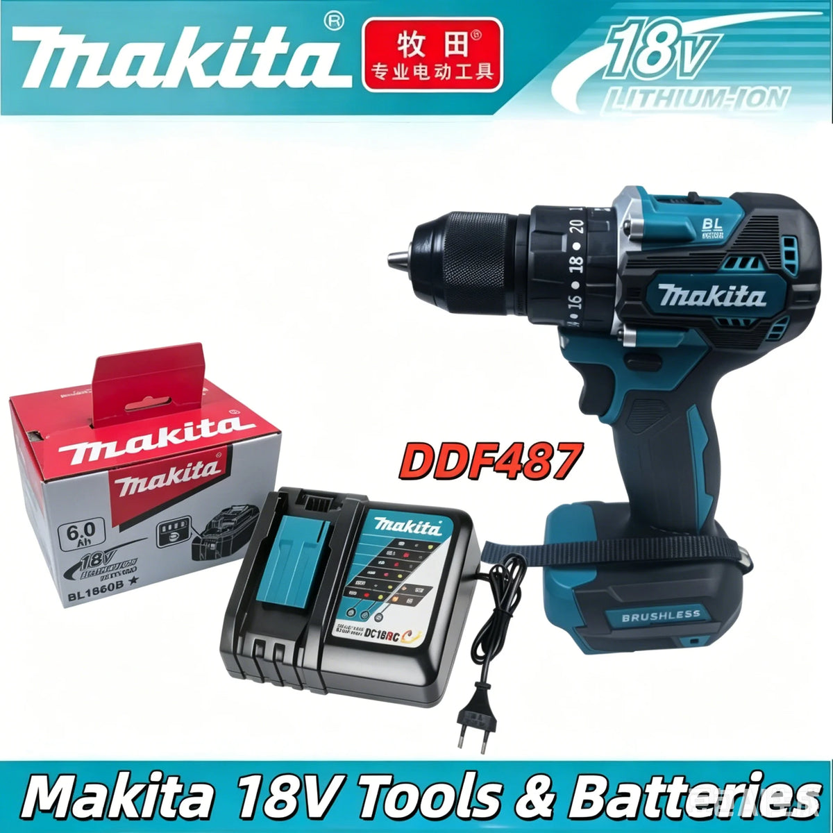 High Torque Original DDF487 Brushless Electric Screwdriver 18V, Makita Original 6.0Ah & Tool Package