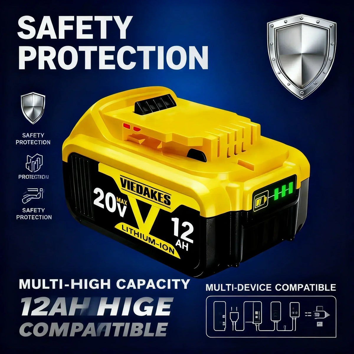 High Capacity 12.0Ah 20V Rechargeable Lithium Ion Battery for Dewalt 20V Battery Work DCB200 DCB201 DCB203 DCB205 DCB206 Tools