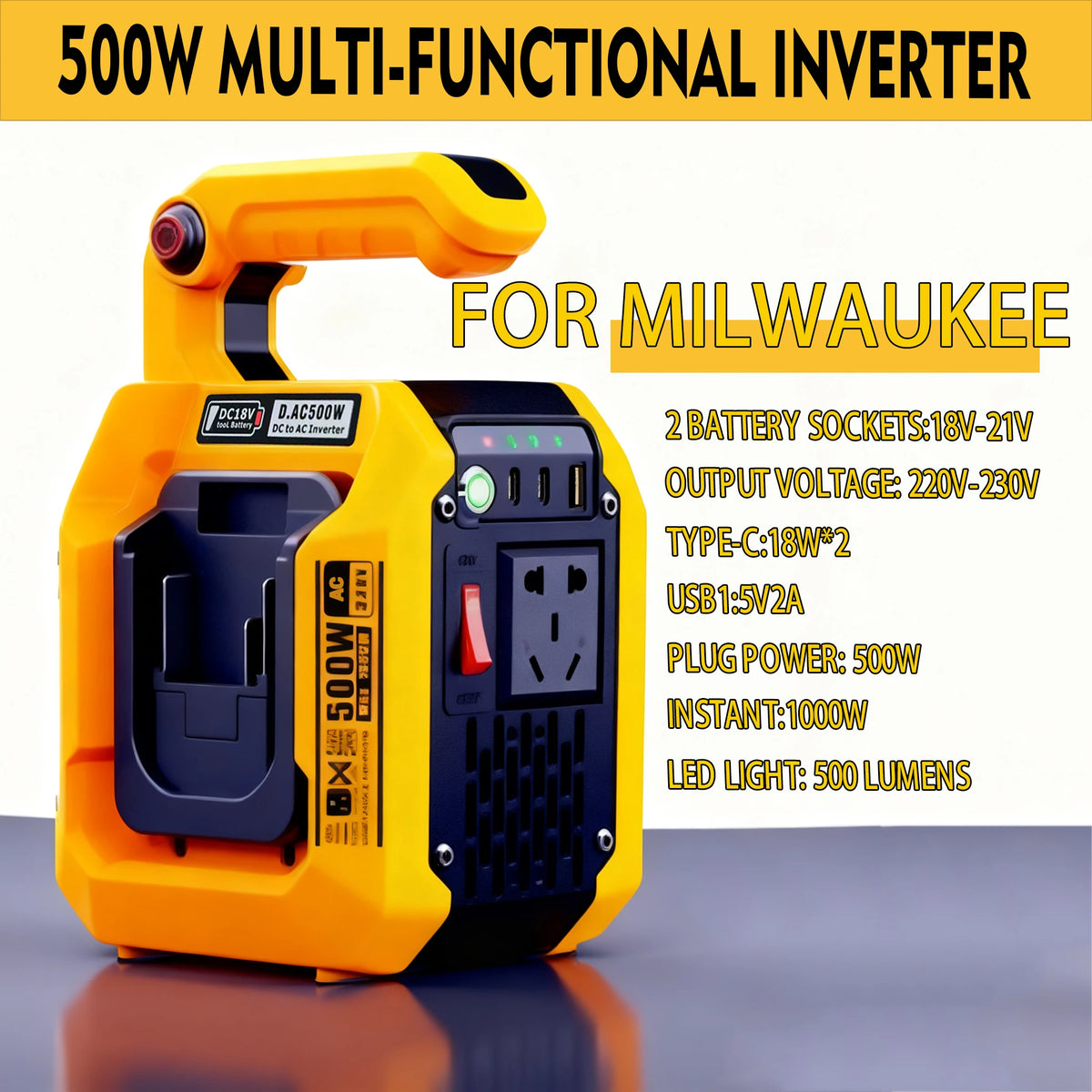 500W Power Inverter for Makita Milwaukee 18V Battery 18V to 120V/220V Pure Sine Wave Inverter with LED Light for Outdoor Camping