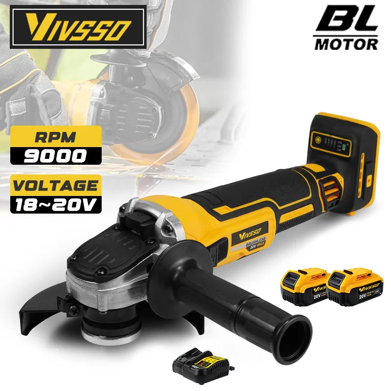 VIVSSO Angle Grinder 9000RPM Brushless Three Gear Speed Electric Angle Grinder Multi-function Grind For Dewalt 20v Battery Pins