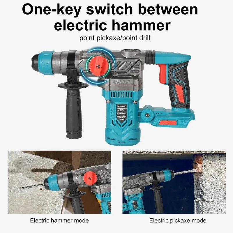 Heimerdinger Cordless brushless Rotary Hammer Drill, 1-1/8" SDS-Plus 3.2J Multi-functional Heavy Duty hammer drill, No battery