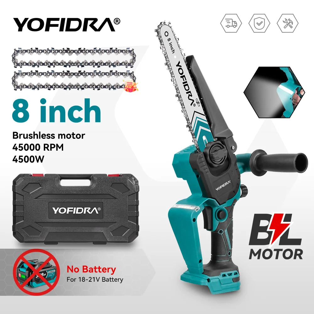 YOFIDRA 8 Inch Brushless Electric Chainsaw 4500W Cordless Woodworking Pruning Saw Cutting Power Tool For Makita 18V Battery Pin