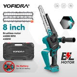 YOFIDRA 8 Inch Brushless Electric Chainsaw 4500W Cordless Woodworking Pruning Saw Cutting Power Tool For Makita 18V Battery Pin