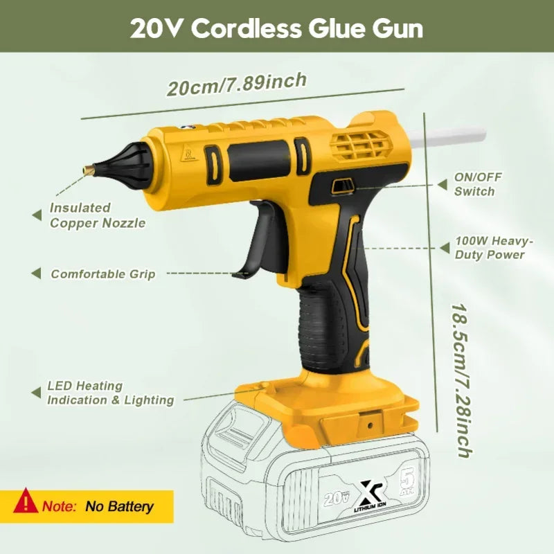 Cordless Electric Handheld Hot Glue Gun Repair Hot Melt Welding Hot Air Gun Anti-scald Nozzle with 10 Sticks for Dewalt Battery