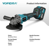 YOFIDRA 125mm Brushless Angle Grinder 3 Gears Cordless Grinding Machine Cutting Woodworking Power Tool For Makita Battery Pin